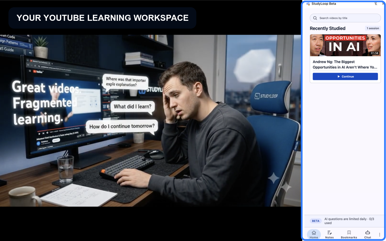 StudyLoop side panel open beside a YouTube learning video